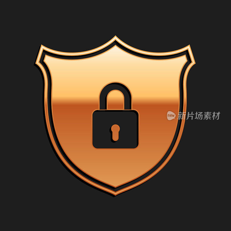 Gold Shield security with lock icon isolated on black background. Protection, safety, password security. Firewall access privacy sign. Long shadow style. Vector